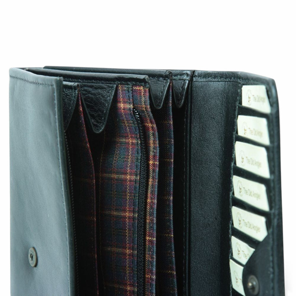 Portafoglio donna Vetrina Fiorentina in pelle bovina nera con interni a scozzese, scomparti RFID e tasche porta carte.