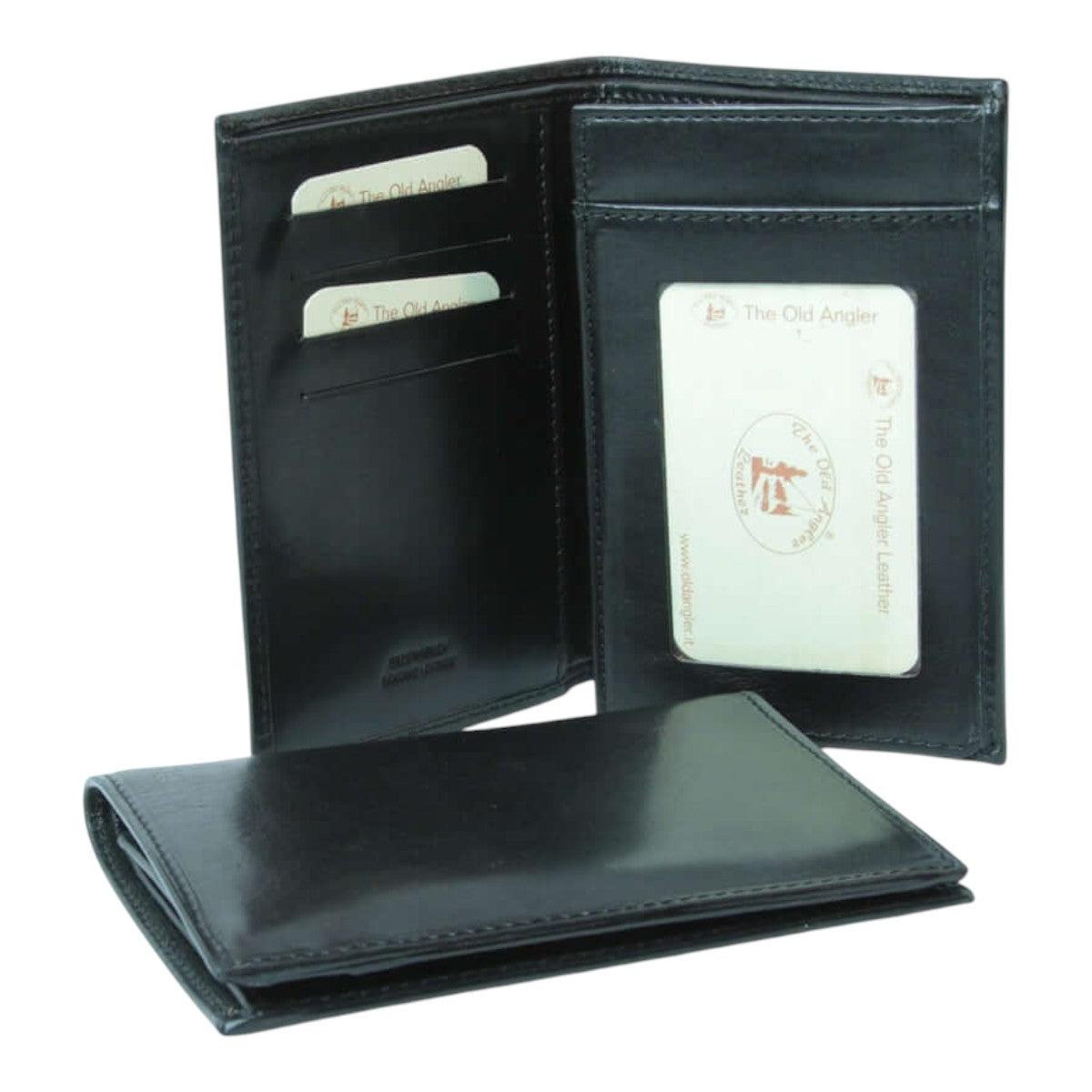 Portafoglio Vetrina Fiorentina in pelle pieno fiore nera, design artigianale sottile con scomparti per carte