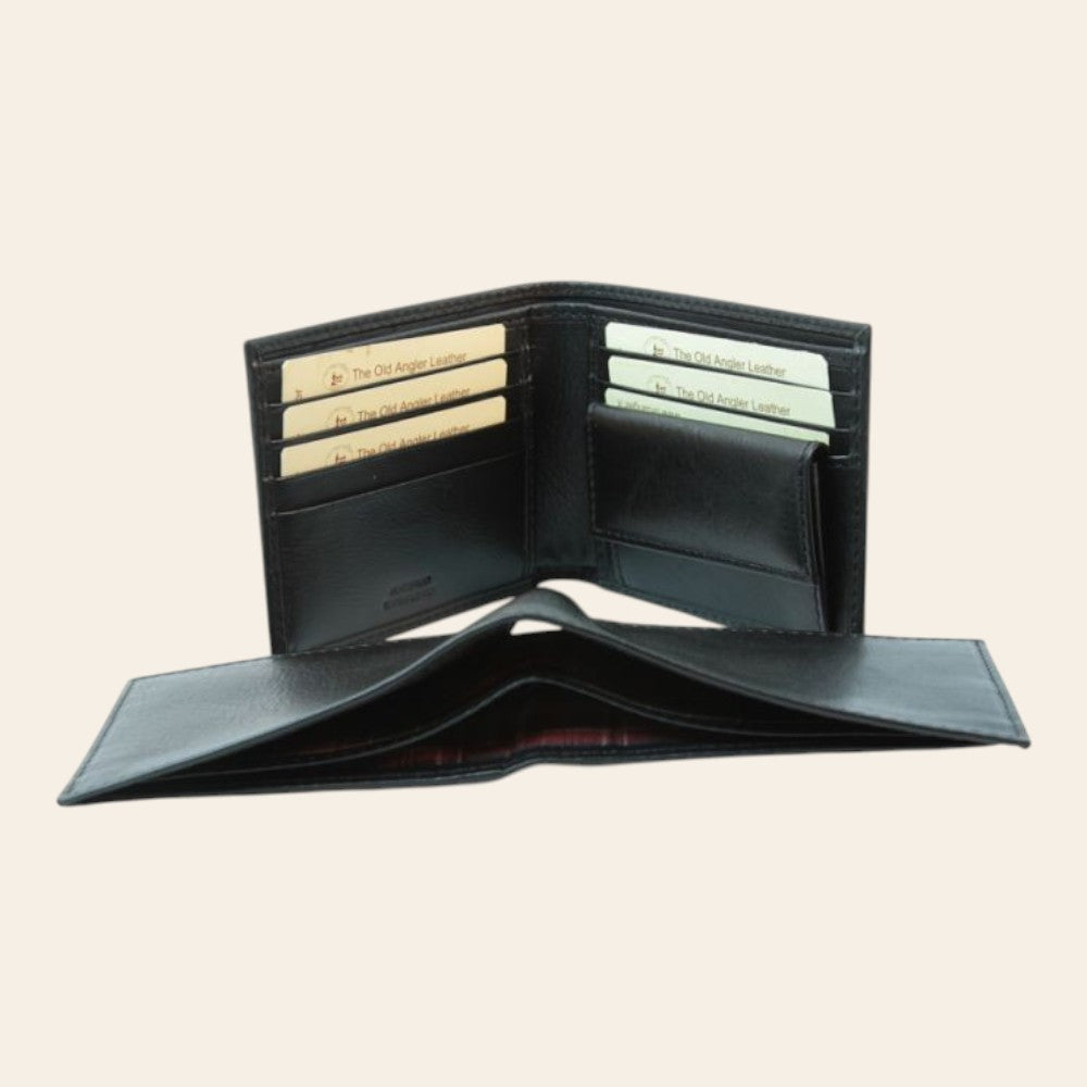 Portafoglio Vetrina Fiorentina in pelle nera pieno fiore con portamonete, scomparti per carte e protezione RFID.