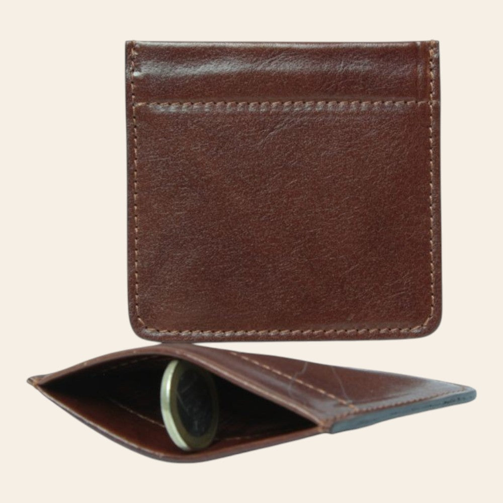 Portaspiccioli Vetrina Fiorentina in pelle bovina pieno fiore marrone con chiusura a molla, design artigianale italiano