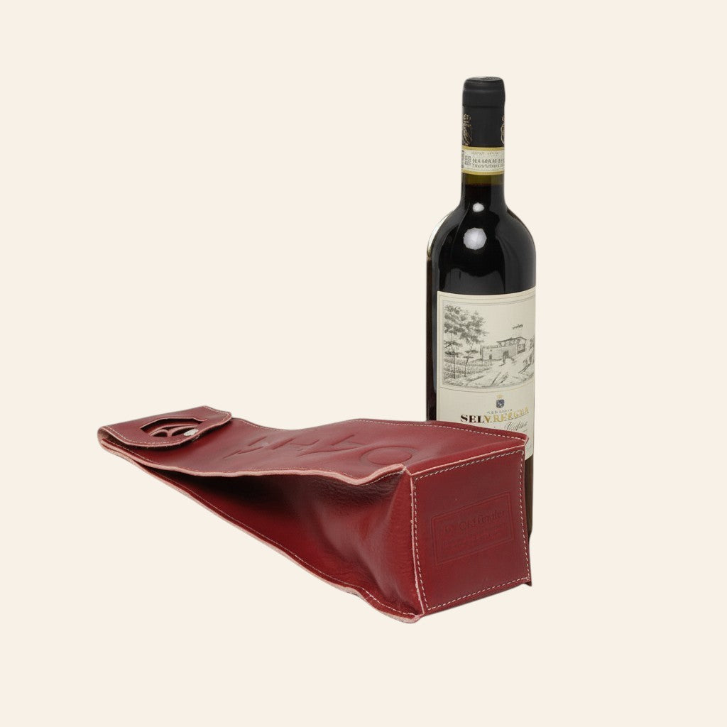 Portavino Vetrina Fiorentina in pelle di vacchetta pieno fiore rosso con cuciture a vista e manici integrati