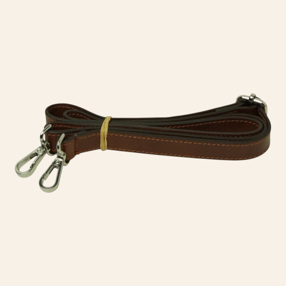 Tracolla regolabile in pelle marrone Vetrina Fiorentina con ganci metallici argentati per borsa