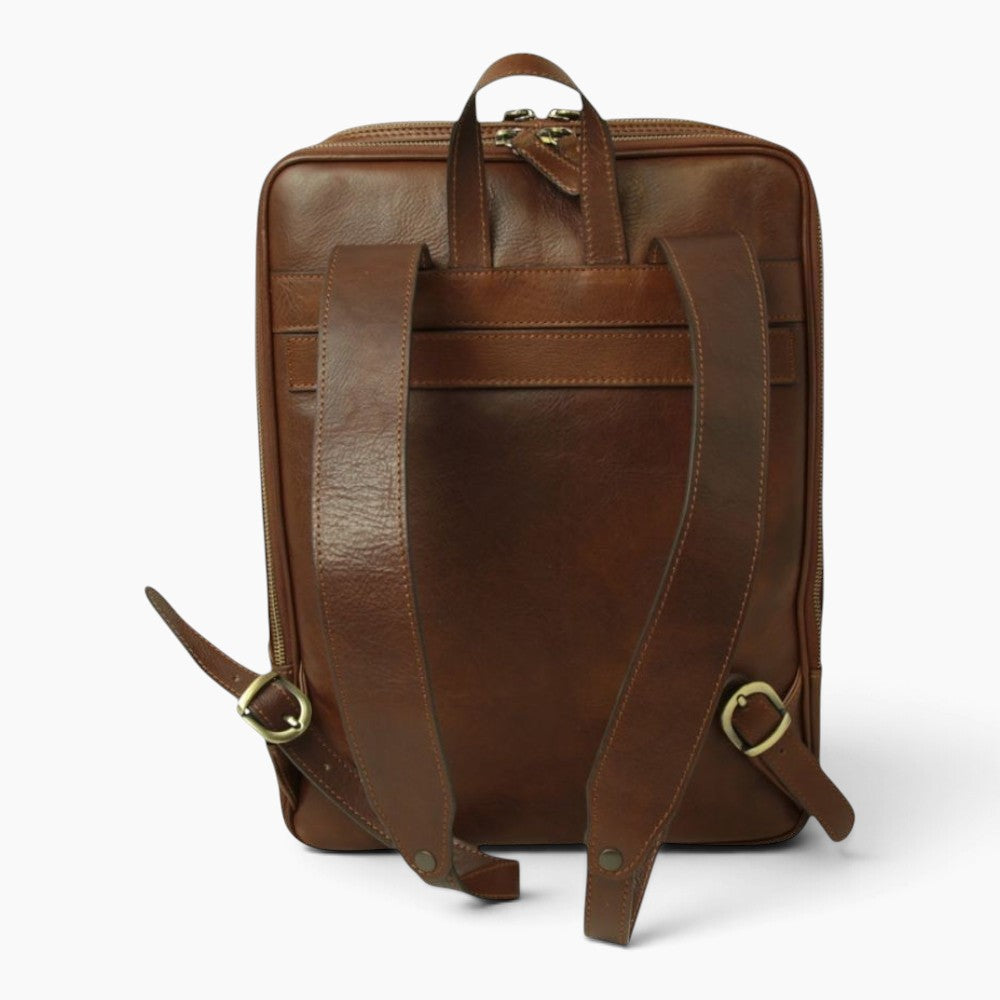 Zaino Vetrina Fiorentina in pelle di vitello color castagna con spallacci regolabili e fascia per trolley sul retro