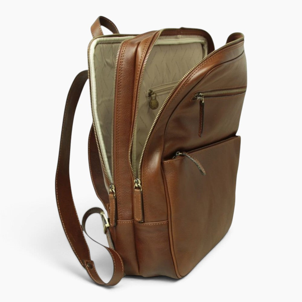 Zaino Vetrina Fiorentina in pelle di vitello pieno fiore color castagna con due scomparti imbottiti per laptop