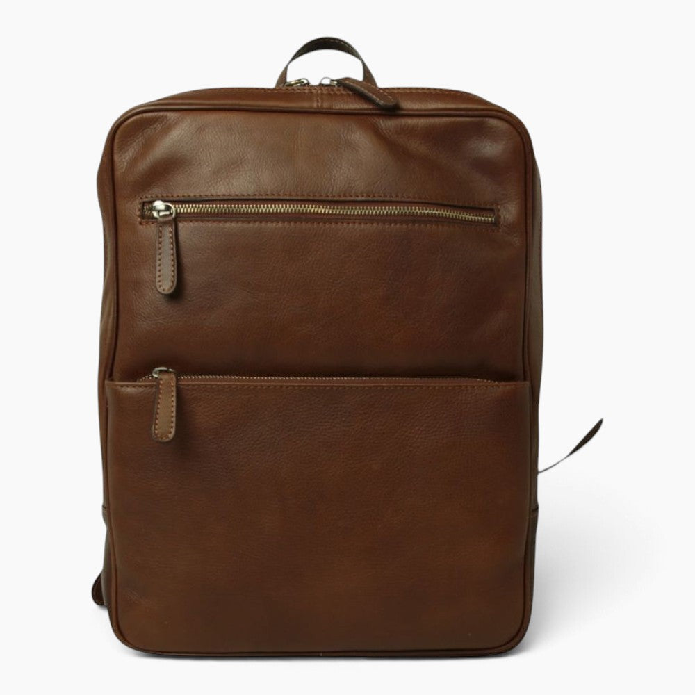 Zaino Vetrina Fiorentina in pelle di vitello pieno fiore color castagna con due tasche frontali e scomparti imbottiti