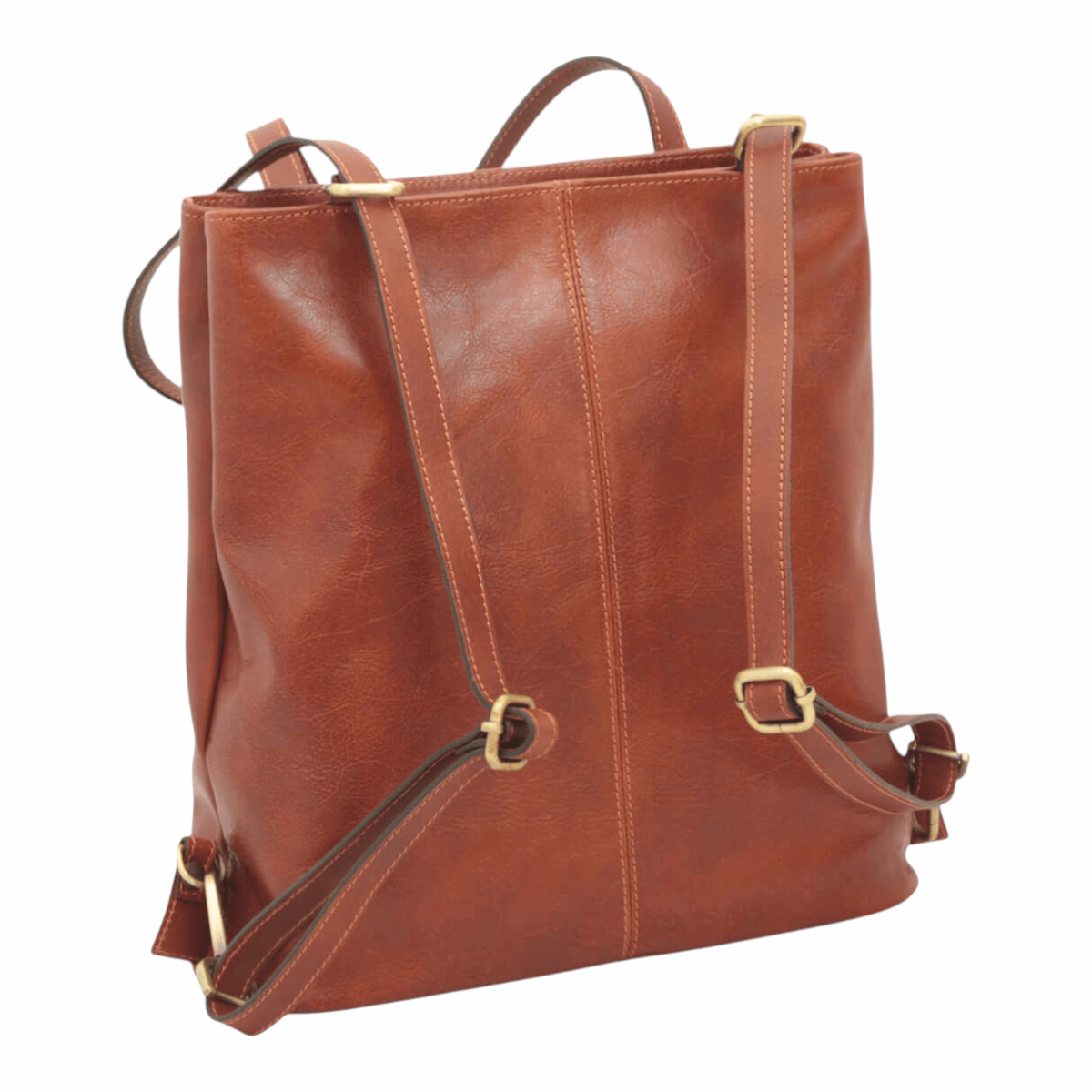 Zaino borsa a tracolla Vetrina Fiorentina in pelle di vitello color cuoio con spallacci regolabili e dettagli in ottone
