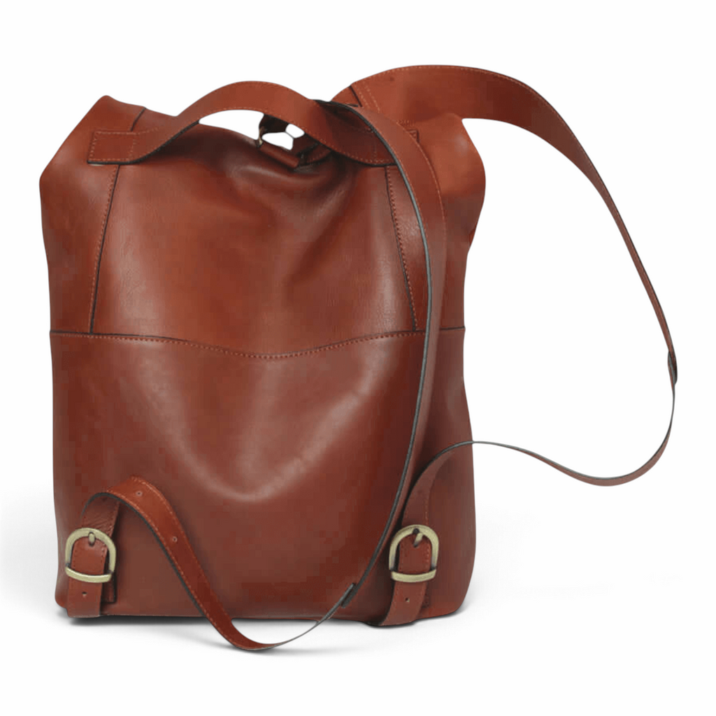 Zaino Vetrina Fiorentina in pelle di vitello marrone mogano con fibbie regolabili e design artigianale italiano