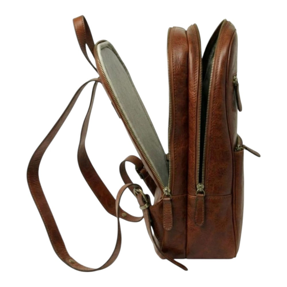 Zaino Vetrina Fiorentina in pelle di vitello pieno fiore color mogano con scomparto imbottito per laptop da 13 pollici