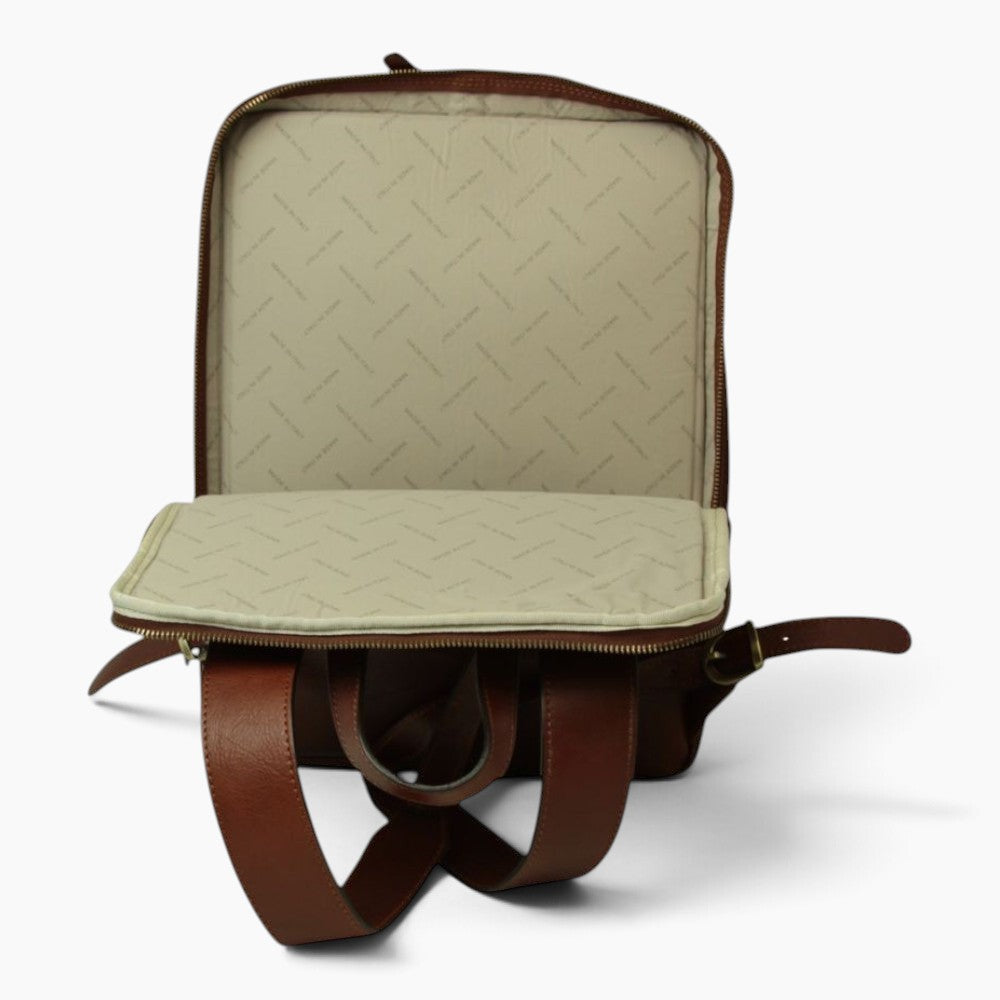 Zaino porta laptop Vetrina Fiorentina in pelle di vitello color mogano con interno foderato e scomparti imbottiti
