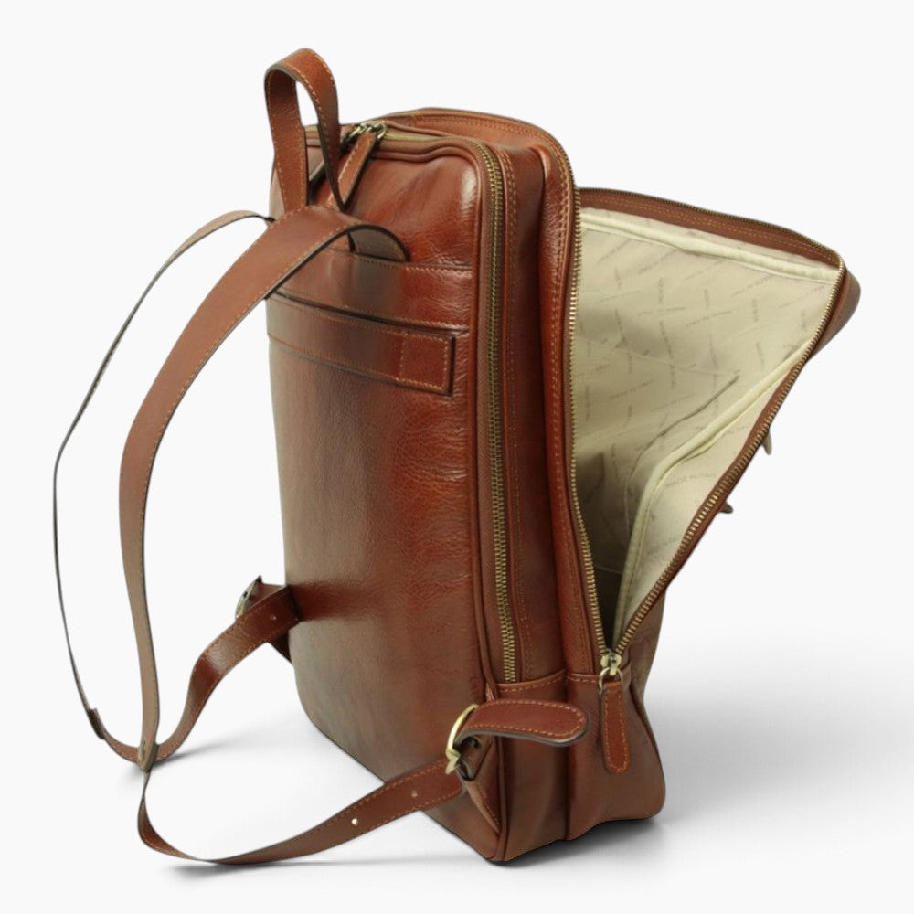 Zaino porta laptop Vetrina Fiorentina in pelle di vitello pieno fiore color mogano con scomparti interni foderati