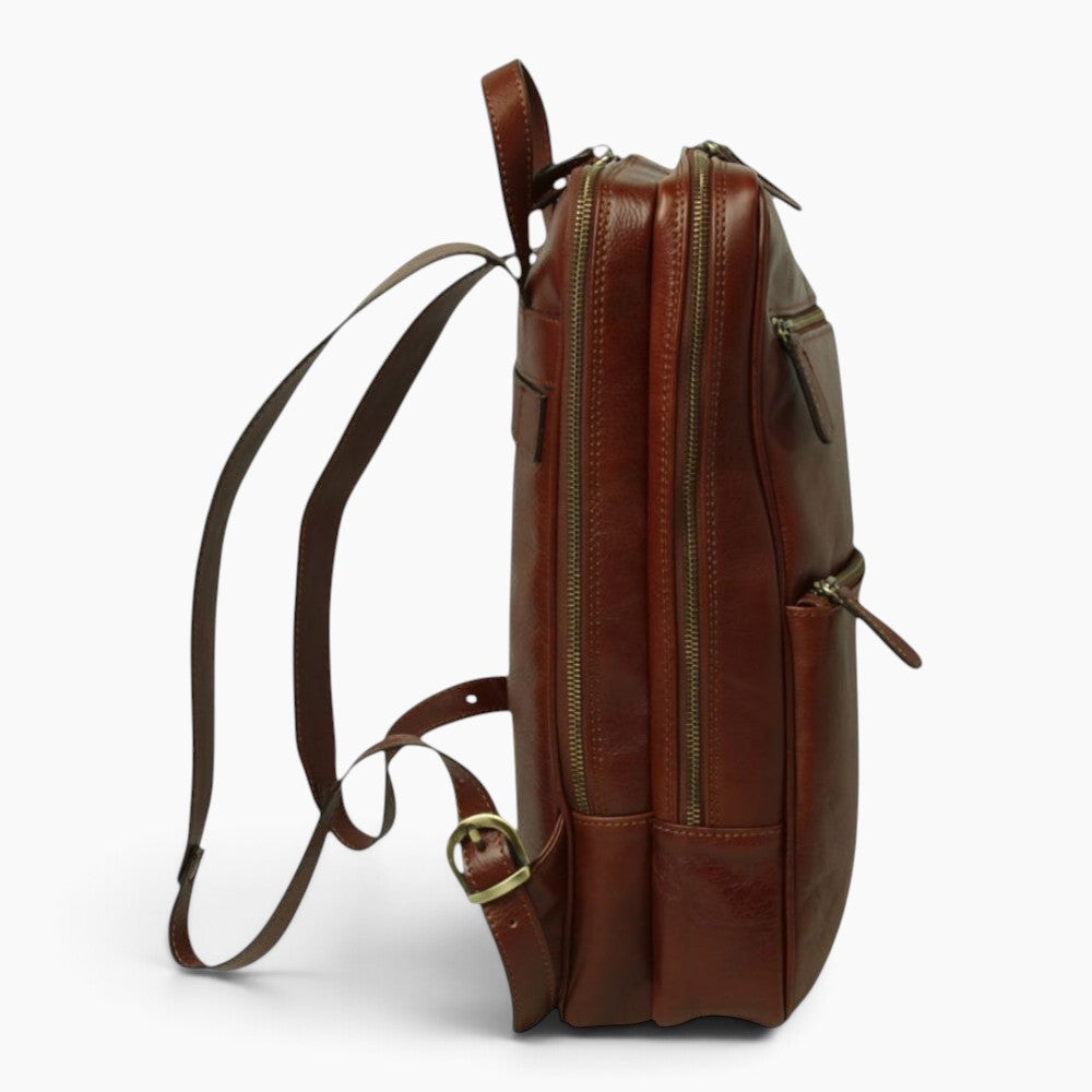 Zaino Vetrina Fiorentina in pelle di vitello pieno fiore color mogano con scomparti per laptop e cerniere