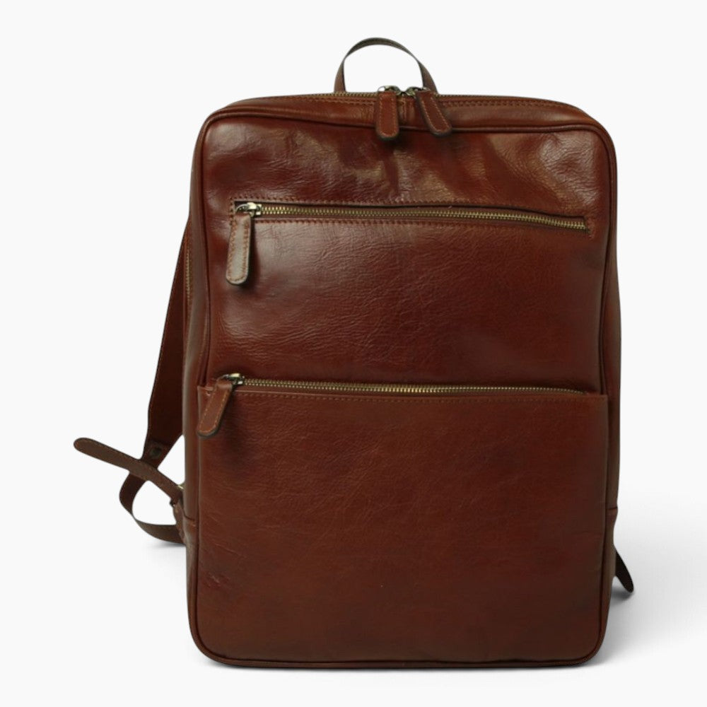 Zaino porta laptop Vetrina Fiorentina in pelle di vitello pieno fiore color mogano con tasche frontali e zip
