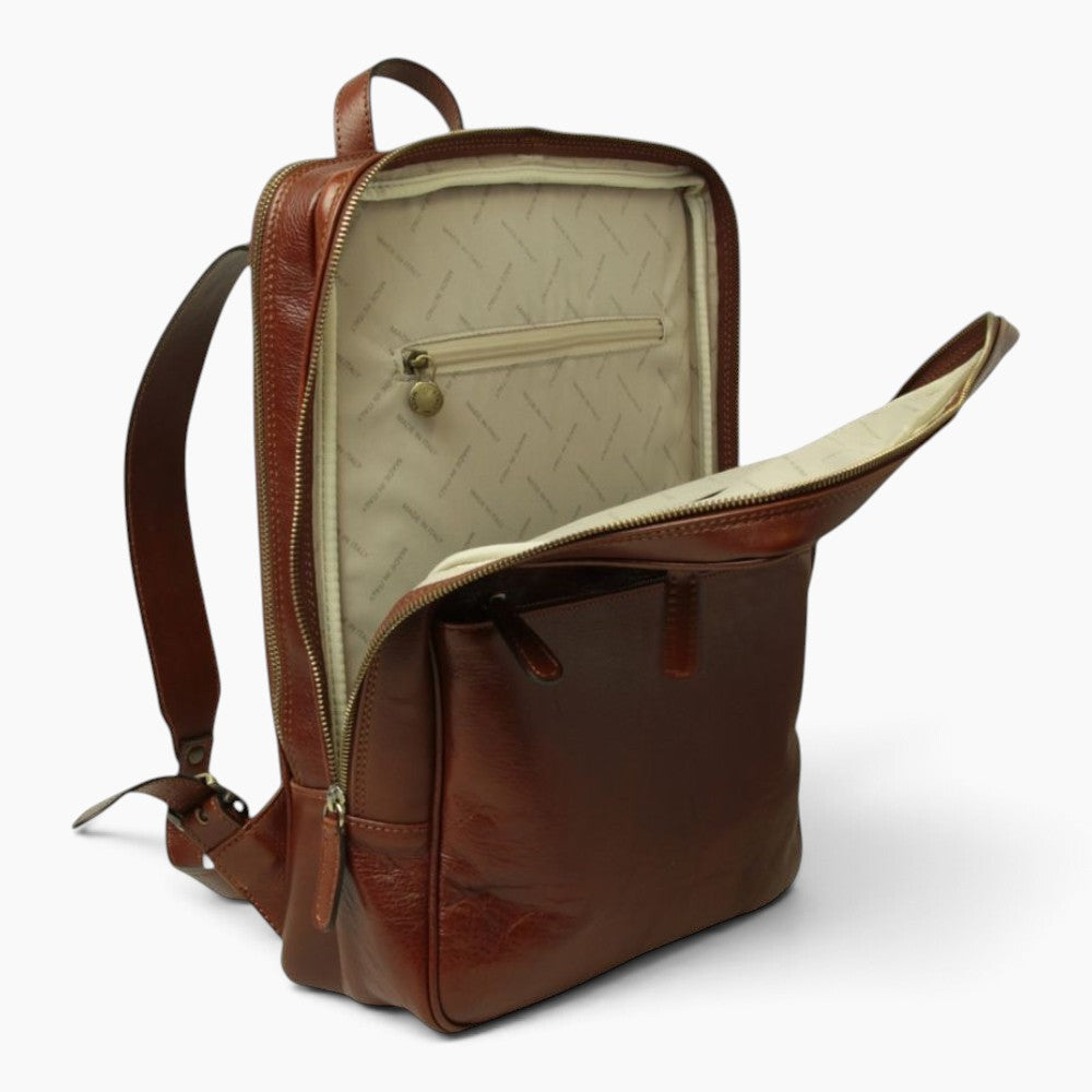 Zaino porta laptop Vetrina Fiorentina in pelle di vitello pieno fiore color mogano con scomparti interni foderati