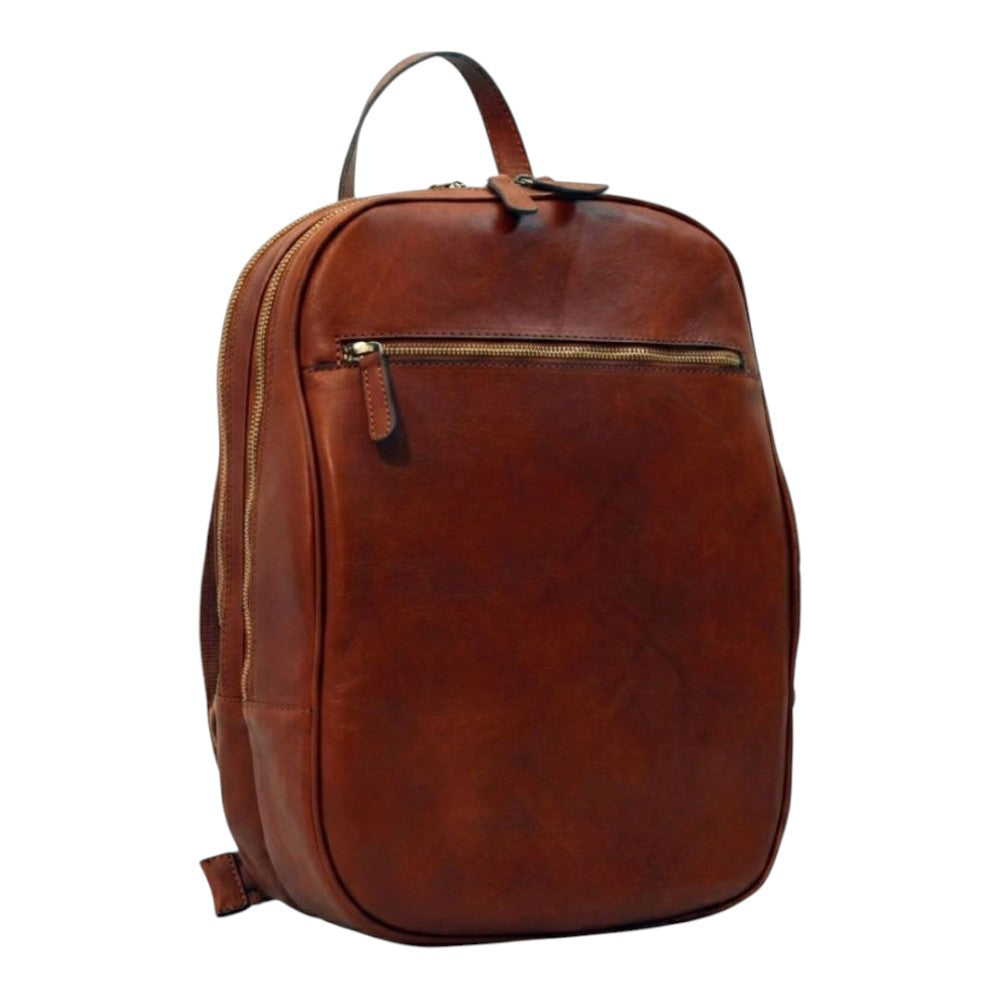 Zaino Vetrina Fiorentina artigianale in pelle di vitello pieno fiore color mogano con tasca frontale e zip