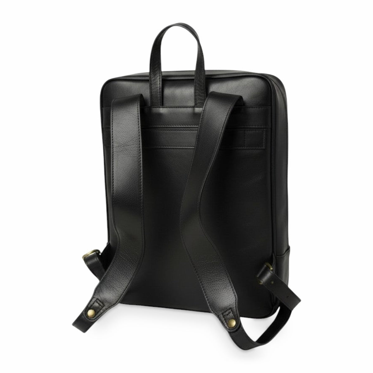Zaino Vetrina Fiorentina in pelle di vitello nera con spallacci regolabili e fascia per trolley, vista posteriore