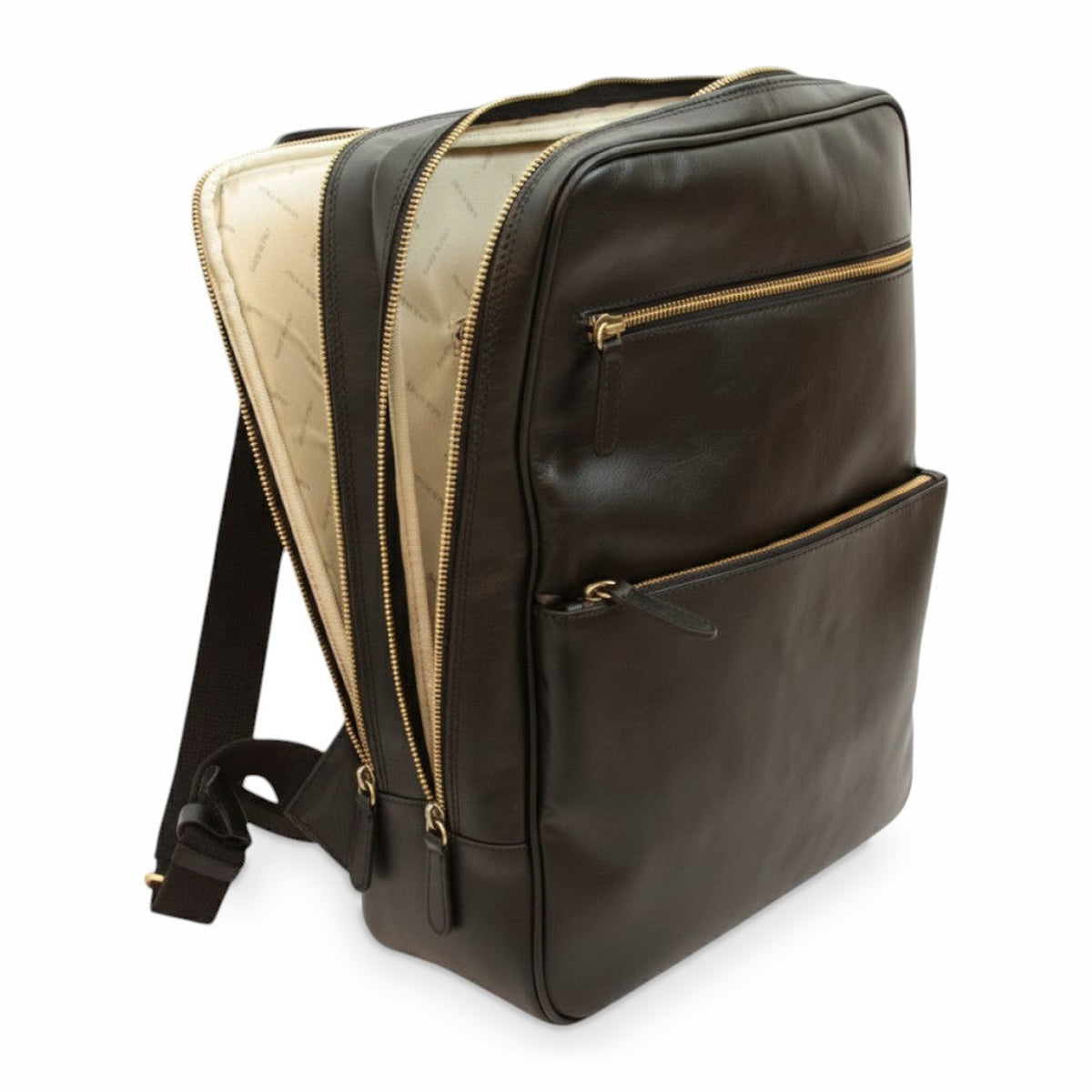 Zaino Vetrina Fiorentina in pelle di vitello nera con scomparti multipli, cerniere dorate e fascia per trolley