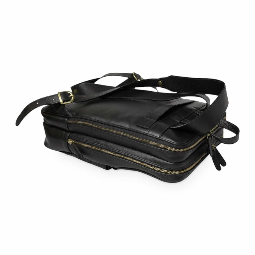 Zaino Vetrina Fiorentina in pelle di vitello pieno fiore nera con cerniere dorate, scomparti multipli e fascia trolley