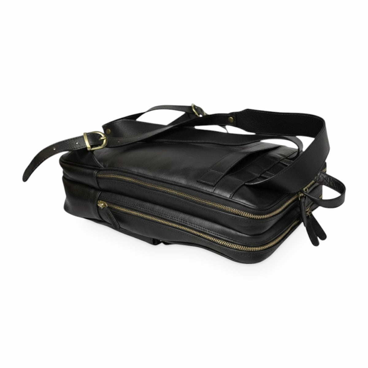 Zaino Vetrina Fiorentina in pelle di vitello pieno fiore nera con cerniere dorate, scomparti multipli e fascia trolley