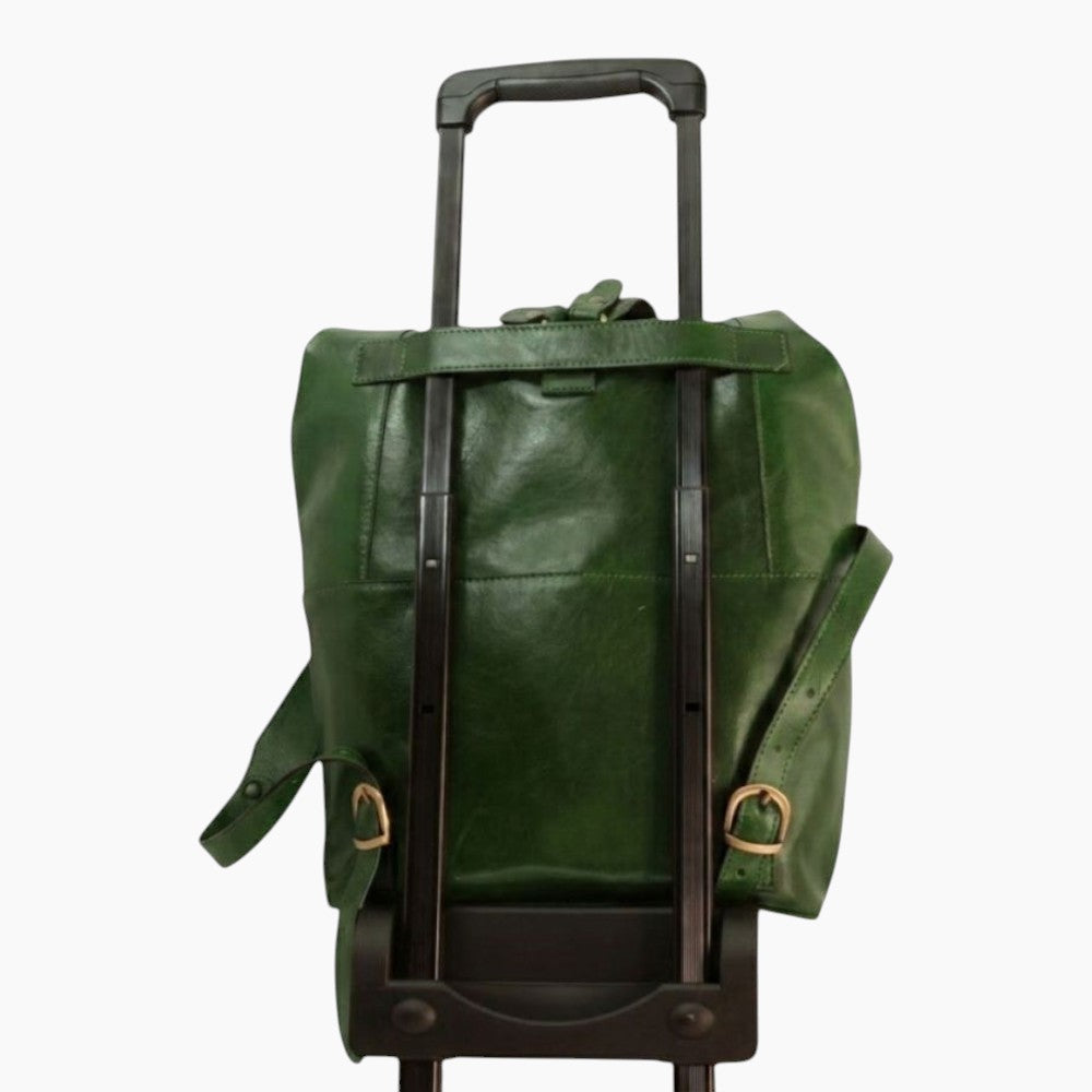 Zaino Vetrina Fiorentina in pelle di vitello verde con fascia posteriore per trolley e spallacci regolabili