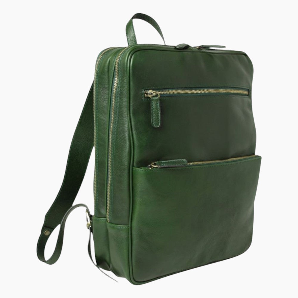Zaino artigianale Vetrina Fiorentina in pelle di vitello pieno fiore verde con tasche frontali e cerniere dorate