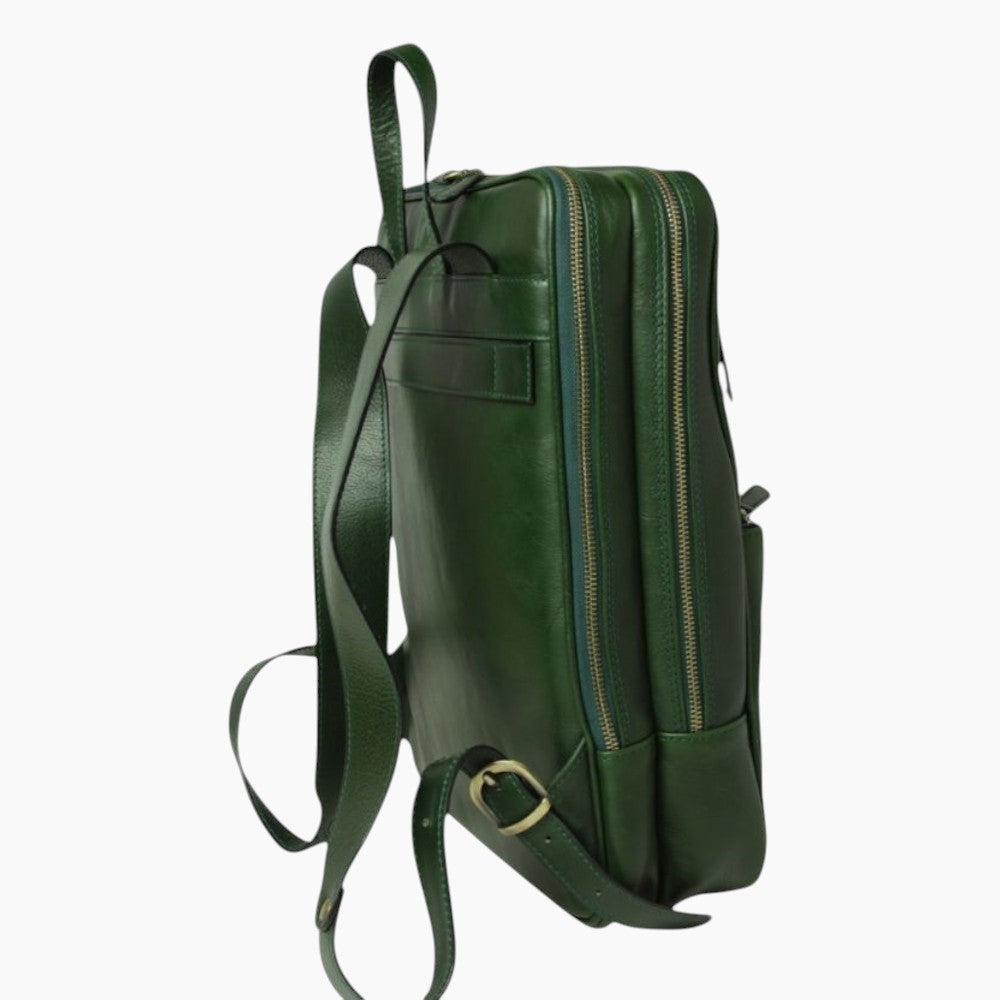 Zaino Vetrina Fiorentina in pelle di vitello verde pieno fiore con scomparti imbottiti e tracolle regolabili