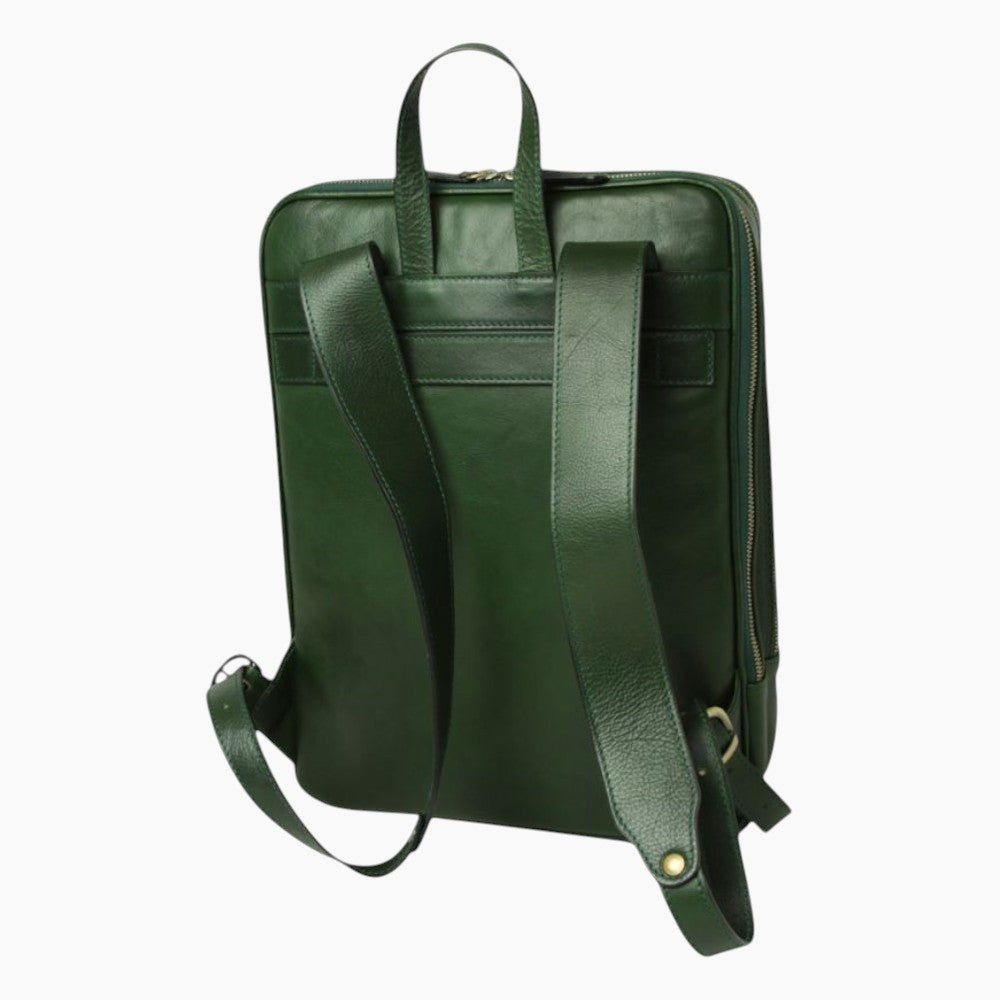 Zaino Vetrina Fiorentina artigianale in pelle di vitello pieno fiore verde con spallacci regolabili e fascia trolley