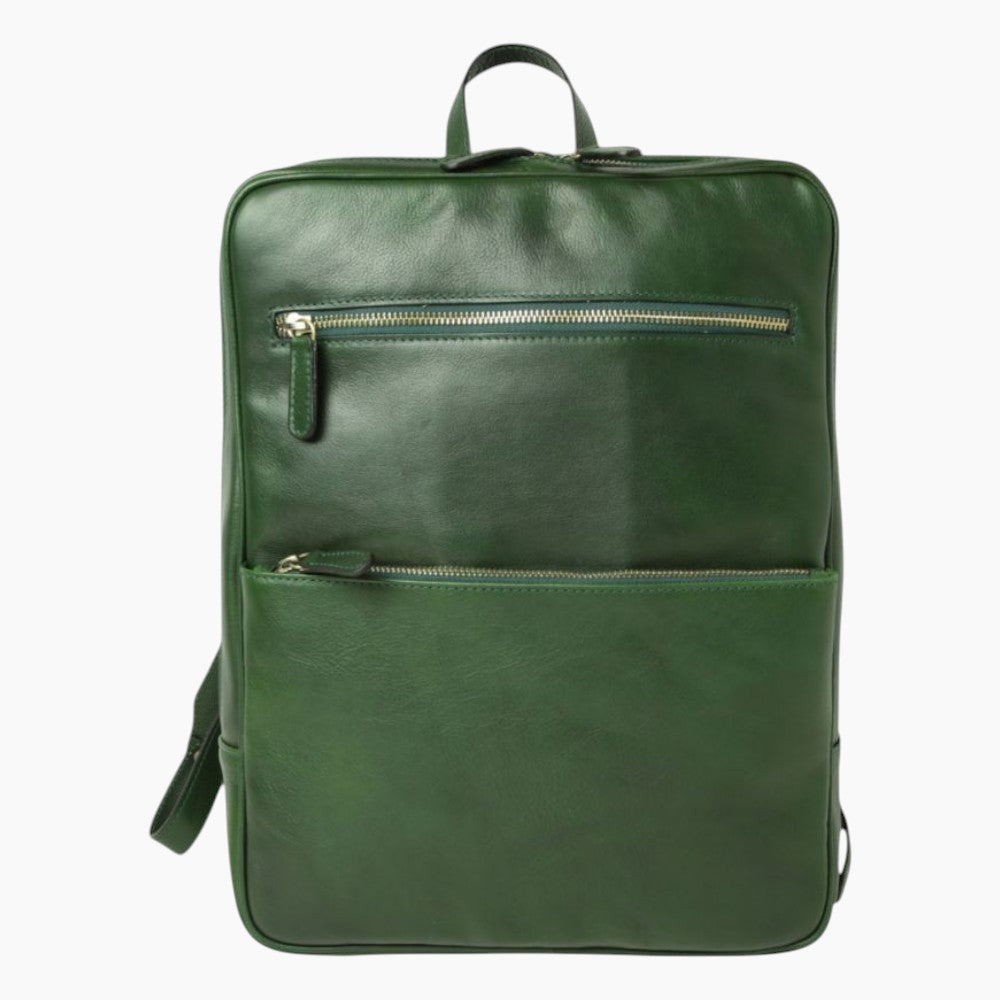 Zaino artigianale Vetrina Fiorentina in pelle di vitello pieno fiore verde con tasche frontali e cerniere