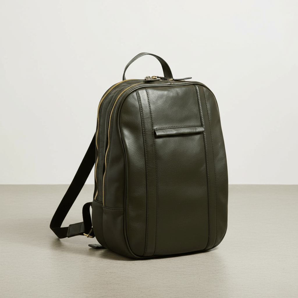 Zaino in pelle verde scuro con manico e tracolla, tasca frontale con zip