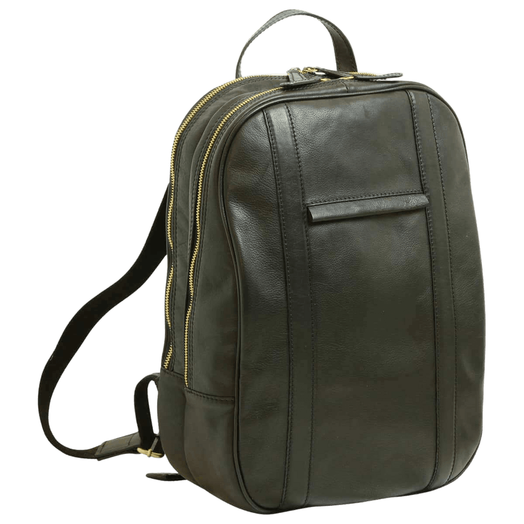Zaino in pelle verde scuro con zip laterale, manico superiore e tasca frontale