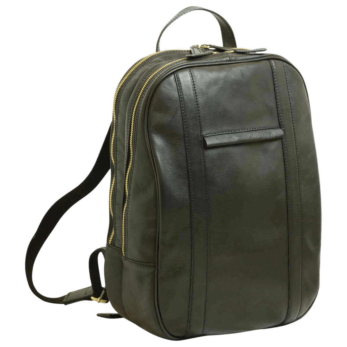 Zaino in pelle verde scuro con zip laterale, manico superiore e tasca frontale
